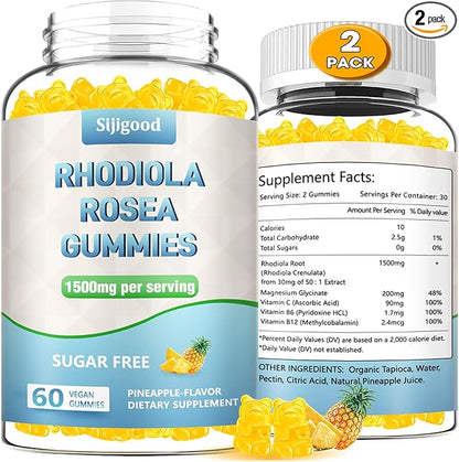 2 Pack Sugar-Free Rhodiola Rosea Gummies, Adaptogenic Rhodiola Rosea Supplement & Cortisol Blocker for Enhanced Stamina, Mood Elevation, and Motivation Boost, Non-GMO, Vegan, 120 Count