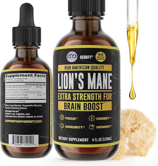 HERBIFY Lions Mane Supplement - Daily Mushroom Supplement for Memory, Focus & Clarity - Brain Booster - Lions Mane Tincture for Immune Support - 4 Fl oz