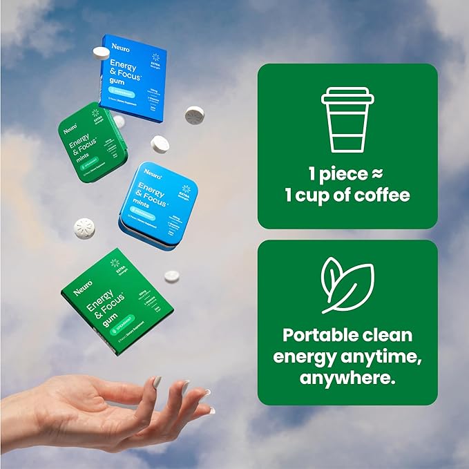 Neuro Energy Caffeine Gum (90 Pieces) - Sugar Free with L-theanine + Natural Caffeine + Vitamin B12 & B6 - Nootropic Energy & Focus Supplement for Women & Men - Extra Strength Spearmint Flavor