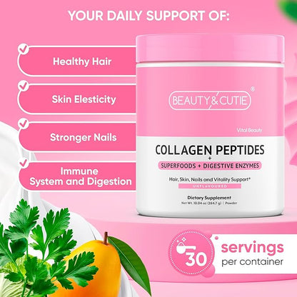 Collagen Peptides with Superfoods and Digestive Enzymes, Powder, Grass Fed, Pasture Raised, for Hair, Skin, Nails, and Immune System Support, Unflavored, Gluten Free,10.04 oz