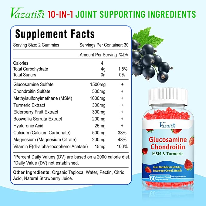 High Bioavailable Glucosamine Chondroitin Gummies with Turmeric & MSM, Boswellia -Joint Support Supplement - Cartilage Support, Flexibility & Strength - 60 Gummies