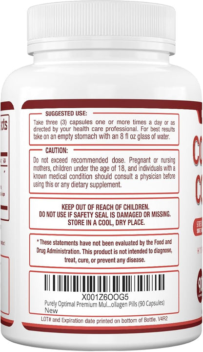 Purely Optimal Premium Multi Collagen Peptides Capsules (Types I, II, III, V, X) - Hair, Skin and Nails, Digestive & Joint Health Supplement, Hydrolyzed Collagen Pills (90 Capsules)