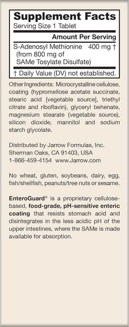 Jarrow Formulas SAMe 400 mg, Supports Joint Health, Liver Function, Brain Metabolism, 60 Tablets, Up To a 60 Day Supply