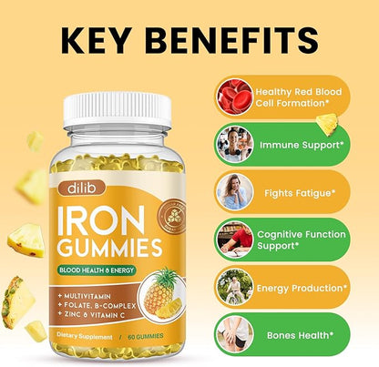 Iron Gummies with Multivitamin, Iron Supplement for Women & Men with Zinc, Vitamin B Complex & C, B12, Folate - Blood Builder & Energy Support for Adults & Kids - Pineapple Flavor, Vegan 60 Gummies