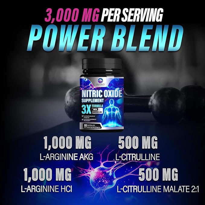 Nitric Oxide Supplement 3000mg L Arginine 3X Strength - Citrulline Malate & AKG - Extra Strength Muscle Supporting Nitric Booster for Muscle Growth & Workout Recovery to Train Harder - 60 Capsules