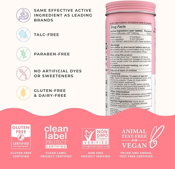 Wonderbelly Antacid, Effective Heartburn and Instant Acid Indigestion Relief, Extra Strength Chewable Tablets, 1000 mg Calcium Carbonate, No Talc or Dye, Strawberry Milkshake, 60 Count