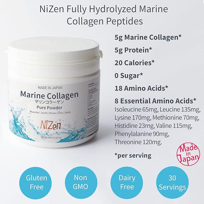 Nizen Marine Collagen Pure Powder, Hydrolyzed Peptides Easy-to-Digest Amino Acids Supplement. Unflavored. Non-Clumping. Made in Japan. 5.29oz