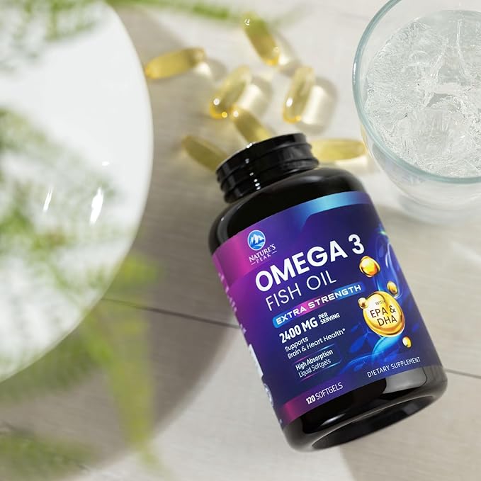 Omega 3 Fish Oil 2400 mg Supplement, Sustainably Sourced, Triple Strength Omega-3 Supplement Softgels, Brain Health Support, EPA & DHA Fish Oil Fatty Acids Supplements, Gluten & GMO Free, 120 Softgels