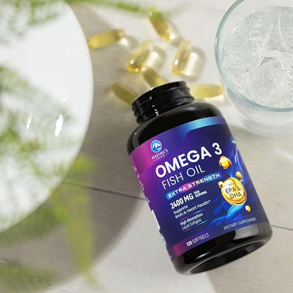 Omega 3 Fish Oil 2400 mg Supplement, Sustainably Sourced, Triple Strength Omega-3 Supplement Softgels, Brain Health Support, EPA & DHA Fish Oil Fatty Acids Supplements, Gluten & GMO Free, 120 Softgels