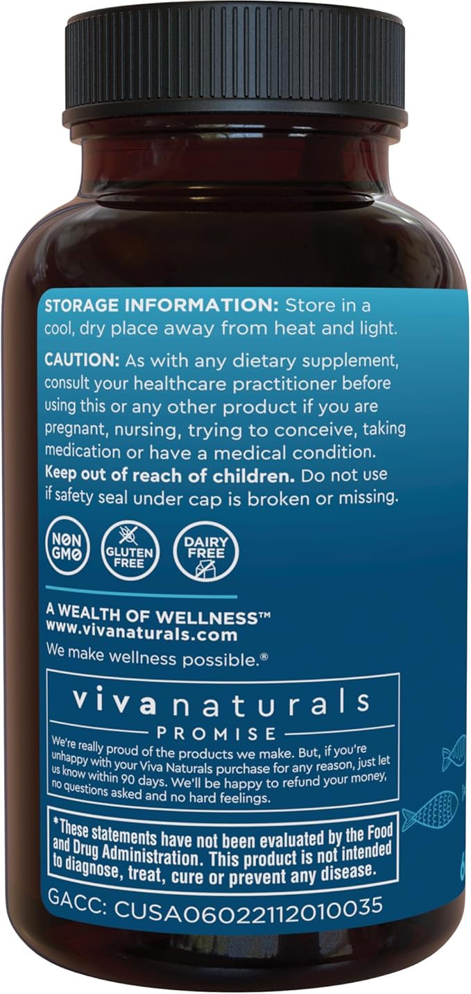 Viva Naturals Omega 3 Fish Oil Supplement for Women and Men - 2500 mg Triple Strength Fish Oil Pills with Re-Esterified Omega 3 Fatty Acids Including EPA, DHA DPA - 60 Pescatarian-Friendly Softgels