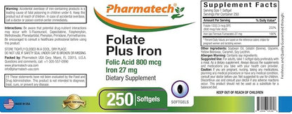Folic Acid 800 mcg Plus Iron 27 mg Supplement for Women, Vitamin B9, Folate Prenatal, Fast Absorption, Made in USA, 250 Softgels