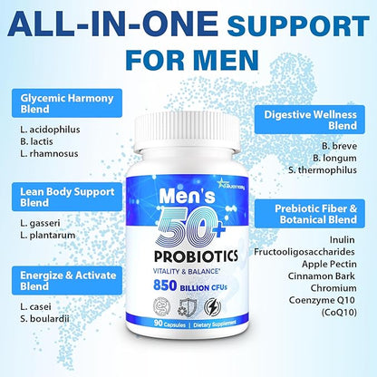 Probiotics for Men, Advanced 50+ Mens Probiotic, Comprehensive Gut & Energy Support with 850 Billion CFU, 1800mg Prebiotics Fiber – Tailored Wellness mens probiotics for gut health over 50, 180Capsule
