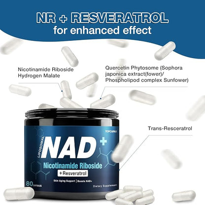 NAD+ Supplement 1000mg - Nicotinamide Riboside (NR) and Resveratrol, Liposomal NAD of Pure Organic Ingredients for Women & Men Healthy Aging, Brain and Cellular Energy, 80 Capsules(2Pcs)