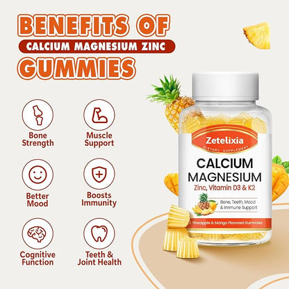 Calcium Gummies for Women Men, Calcium Magnesium Zinc with Vitamin D3 & K2, Calcium Magnesium Supplement for B0nes Muscles, Pineapple & Mango Flavor - 120 Count