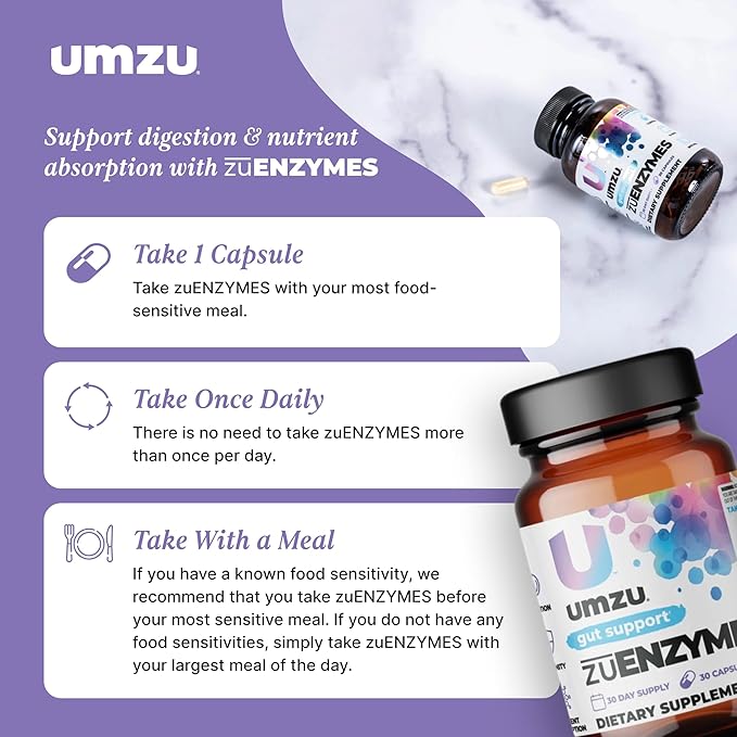 UMZU ZuEnzymes Digestive Enzymes Supplement | 21 Enzymes for Gut Health Support, Digestion & Nutrient Absorption | Helps Break Down Lactose, Carbs, Proteins & Fats (30 Day Supply | 30 Capsules)