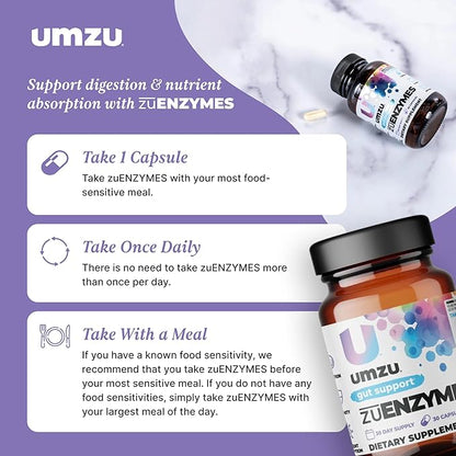 UMZU ZuEnzymes Digestive Enzymes Supplement | 21 Enzymes for Gut Health Support, Digestion & Nutrient Absorption | Helps Break Down Lactose, Carbs, Proteins & Fats (30 Day Supply | 30 Capsules)