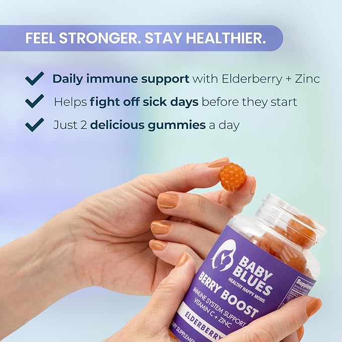 Baby Blues Berry Boost Elderberry Gummies for Moms - Immune Support with Zinc & Vitamin C Non-GMO Vegan and Gluten Free (60 Pieces)