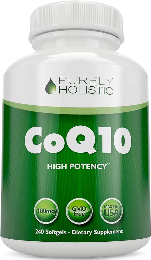 Purely Holistic CoQ10 100mg - 240 SoftGels - 8 Month Supply - Ubiquinone Coenzyme Q10 Supplement - with Organic Olive Oil - Soy Free Co Q 10 - Made in The USA