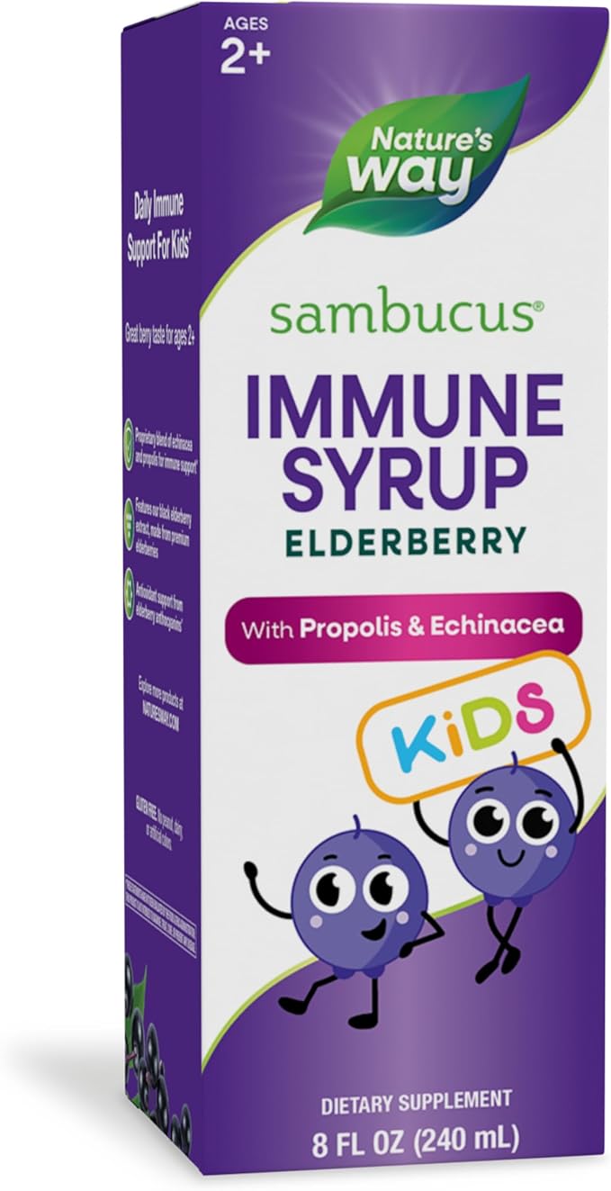 Nature's Way Sambucus Elderberry Immune Syrup for Kids Ages 2+, with Echinacea & Propolis, Daily Immune Support*, Vegetarian, Berry Flavored, 8 Fl Oz