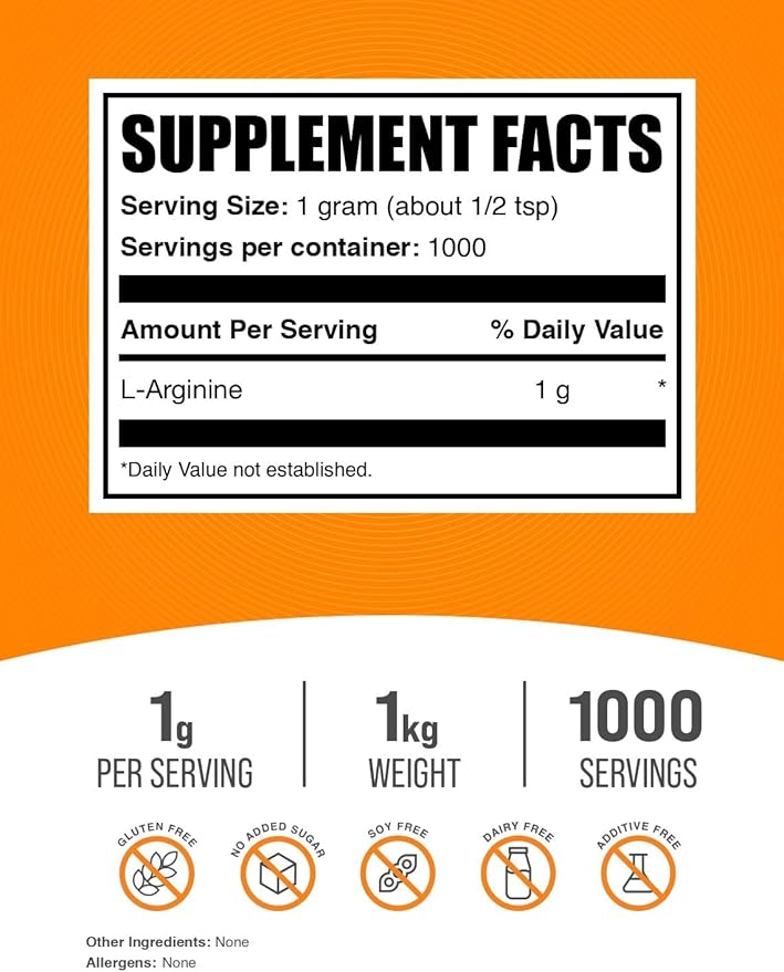 BulkSupplements.com L-Arginine Powder - Arginine Supplement, Nitric Oxide Supplement - Unflavored & Gluten Free, 1g per Serving, 1kg (2.2 lbs) (Pack of 1)