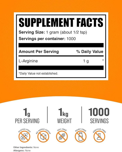 BulkSupplements.com L-Arginine Powder - Arginine Supplement, Nitric Oxide Supplement - Unflavored & Gluten Free, 1g per Serving, 1kg (2.2 lbs) (Pack of 1)