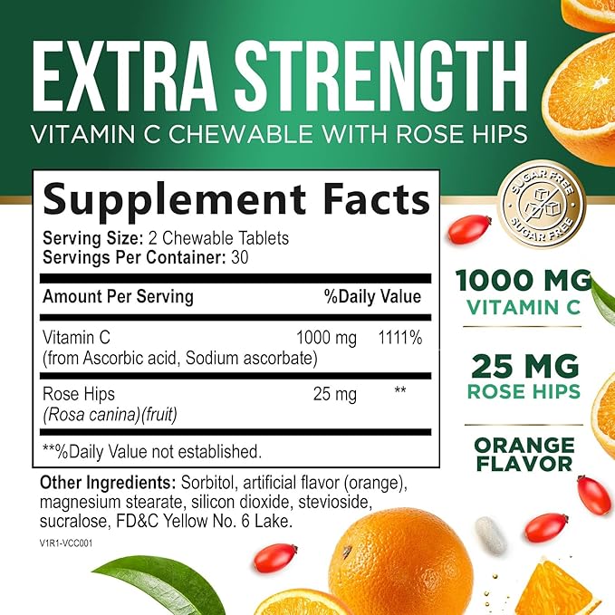 Chewable Vitamin C 1000mg - Extra Strength Antioxidants for Powerful Immune Support w/Vitamin C & Rose HIPS - Potent Dietary VIT C Chews Supplement, Natural, Vegan - Tasty Orange Flavor - 60 Tablets