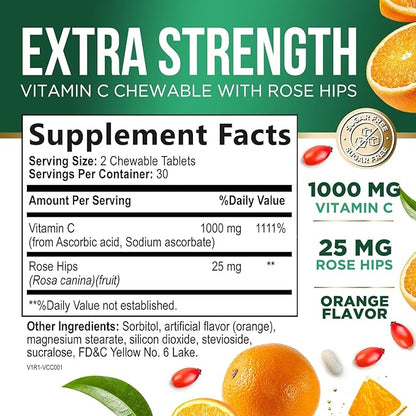 Chewable Vitamin C 1000mg - Extra Strength Antioxidants for Powerful Immune Support w/Vitamin C & Rose HIPS - Potent Dietary VIT C Chews Supplement, Natural, Vegan - Tasty Orange Flavor - 60 Tablets