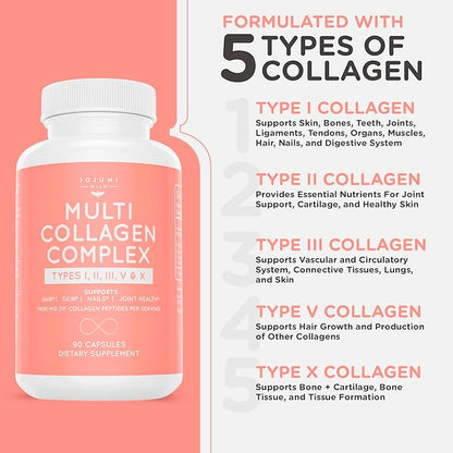 5-in-1 Multi Collagen Capsules (Type I, II, III, V + X) for Skin, Hair, Nails & Joint Health - Collagen Supplements for Women Gut Health Collagen Peptides & Anti Aging Pills