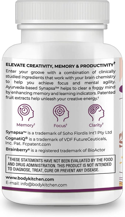 Body Kitchen Total Brain Supplement, Supports Increased Memory, Focus and Clarity with Bacopa, Coffee Fruit & Brainberry, Clinically Tested, Veggie Caps, 60 Count