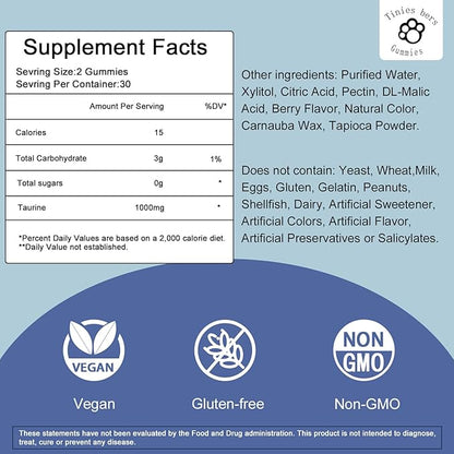 Taurine Gummies 1000mg, Sugar Free for Adults & Kids, 1 of 20 amino acids, Boost Immune, Nerve, Cognitive, Heart, Eye Health, Exercise Performance, Anti-aging, Gluten Free, Non GMO, Vegan, Pectin, 120