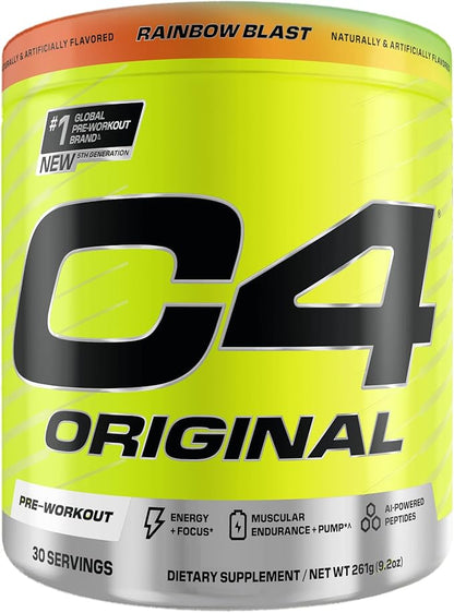 Cellucor C4 Original Pre Workout Powder Sugar Free for Men & Women 200mg Caffeine + CarnoSyn Beta-Alanine + Creatine + AI Peptides - Rainbow Blast, 30 Servings