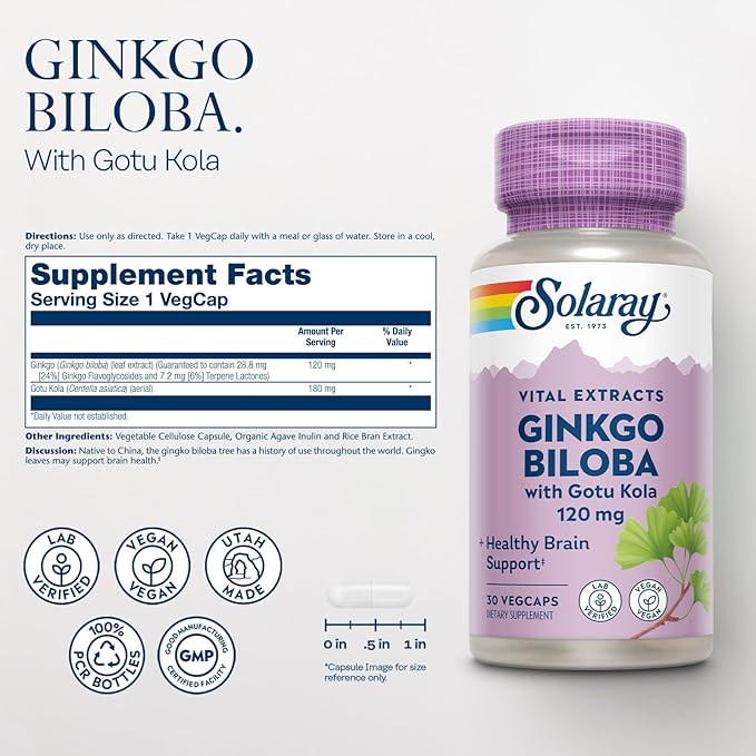SOLARAY Ginkgo Biloba Extract with Gotu Kola - Ginko Biloba Capsules for Brain Health Support - Vegan, Lab Verified, 60-Day Guarantee - 60 Servings, 60 VegCaps (30 VegCaps)