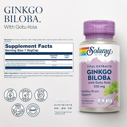 SOLARAY Ginkgo Biloba Extract with Gotu Kola - Ginko Biloba Capsules for Brain Health Support - Vegan, Lab Verified, 60-Day Guarantee - 60 Servings, 60 VegCaps (30 VegCaps)