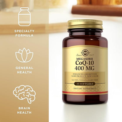SOLGAR Megasorb CoQ-10 400 mg - 30 Softgels - Enhanced Absorption - Gluten Free, Dairy Free - 30 Servings