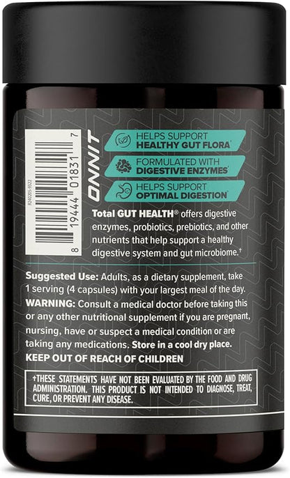 ONNIT Total Gut Health Daily Digestive Support, Complete Digestion Supplement for Women and Men with 7 Strains of Probiotics, Prebiotics, Enzymes and Betaine HCL, 120 Count