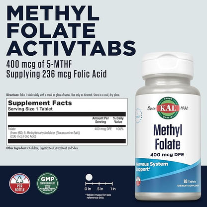KAL Methyl Folate 400 mcg DFE, 5-MTHF Active Form Vitamin B9, Folic Acid Supplement, Heart Health, Prenatal, Mood and Brain Support, Fast Dissolving ActivTab, 60-Day Guarantee, 90 Servings, 90 Tablets