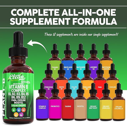 Vitamin B Complex Liquid Drops | Thiamine B1, B6, B2, B3, B4, B5, B7 B9, B12, Niacinamide, Paba, Choline Inositol Taurine Probiotics Beet Root Spirulina - Plant-B Vitamin Supplements by Clean Nutra