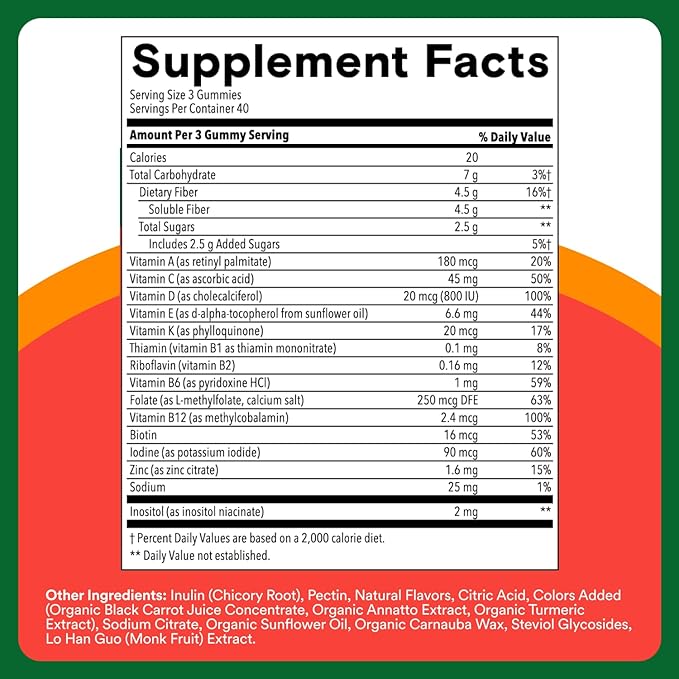 SmartyPants Kids Multivitamin & Fiber Gummies: Prebiotic Fiber to Support Kids Digestion with Vitamin D3, C, Vitamin B12, B6, A, Zinc, Biotin, Folate, Three Fruit Flavors, 120 Count (40 Day Supply)
