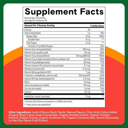 SmartyPants Kids Multivitamin & Fiber Gummies: Prebiotic Fiber to Support Kids Digestion with Vitamin D3, C, Vitamin B12, B6, A, Zinc, Biotin, Folate, Three Fruit Flavors, 120 Count (40 Day Supply)