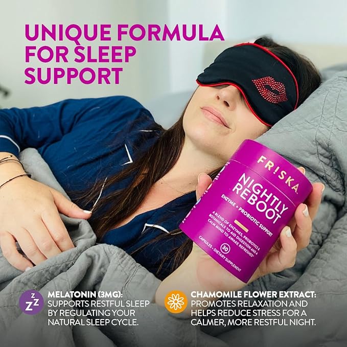 FRISKA Nightly Reboot Enzyme and Probiotics Supplement, Promotes Better Digestion and Sleep, Supports Gut Health for Men and Women, Melatonin, Chamomile, 30 Capsules