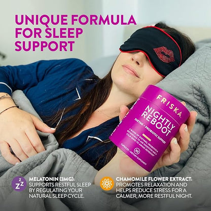 FRISKA Nightly Reboot Enzyme and Probiotics Supplement, Promotes Better Digestion and Sleep, Supports Gut Health for Men and Women, Melatonin, Chamomile, 30 Capsules