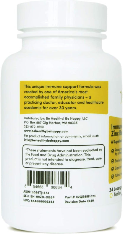 Be Healthy! Be Happy! Immune Health Pro - Zinc Rescue Lozenge Common Cold Relief Formula & Immune System Support 24 Count.