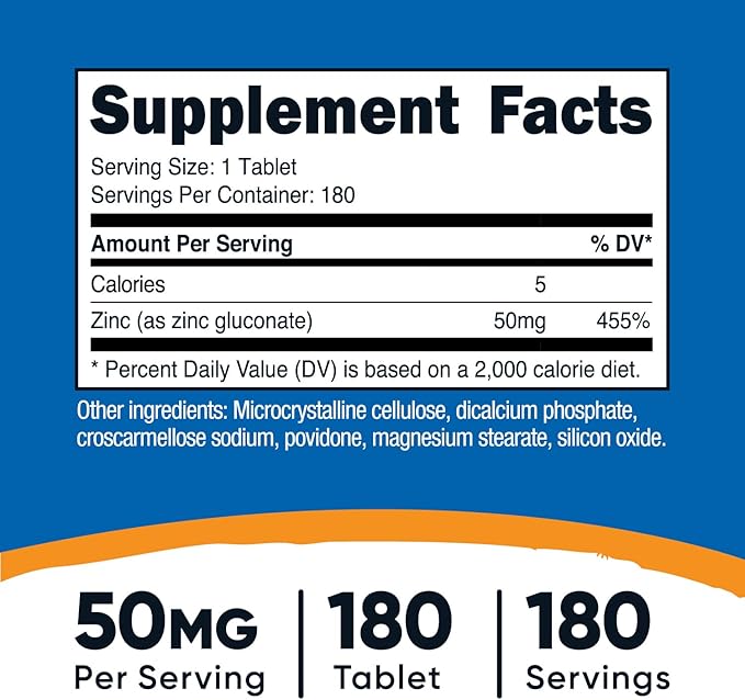 Nutricost Zinc Gluconate 50mg, 180 Tablets - GMO-Free