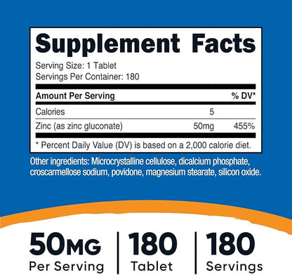 Nutricost Zinc Gluconate 50mg, 180 Tablets - GMO-Free