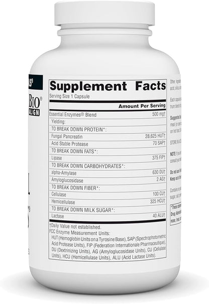 Source Naturals Essential Enzymes 500mg Bio-Aligned Multiple Enzyme Supplement Herbal Defense for Digestion, Gas, Constipation & Bloating Relief - Supports Immune System - 240 Capsules