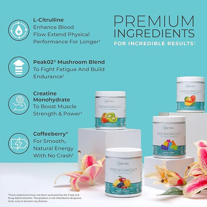 One Sol Pre-Workout for Women, Enhanced Pump & Focus, No Jitters Or Crash, Natural Ingredients, 100% Vegan, Gluten Free & Soy Free, (Gummy Bear)