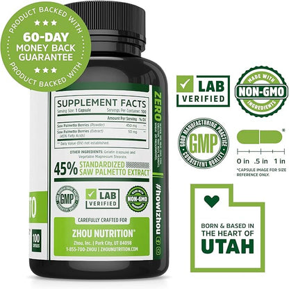 Zhou Saw Palmetto Supplement for Men - Premium Complex, Advanced Formula, Extra Strength 450mg Saw Palmetto Berry Per Capsule - 100 Vegetarian Capsules