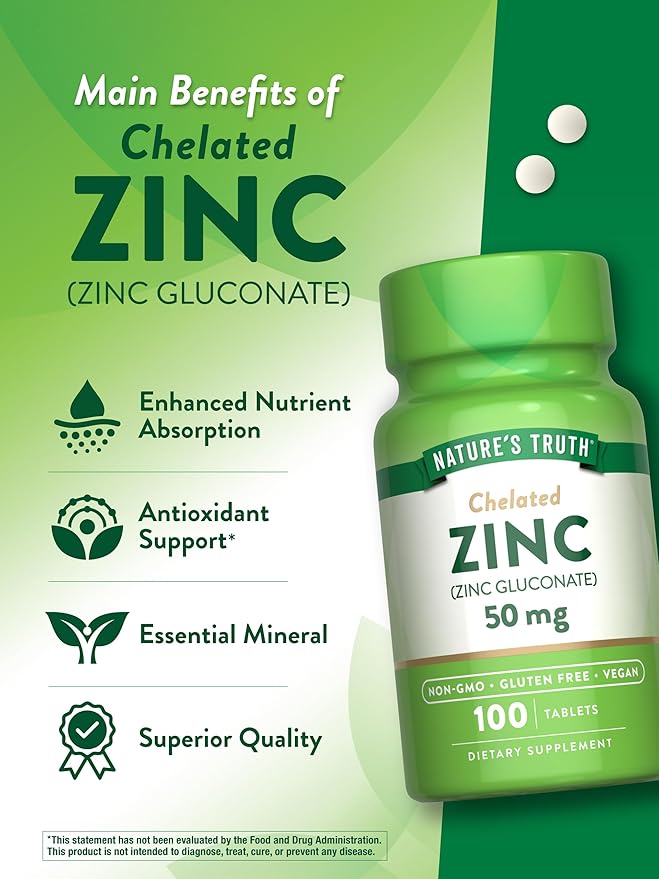 Nature's Truth Chelated Zinc 50mg | 100 Tablets | Essential Mineral Supplement | from Zinc Gluconate | Vegan, Non-GMO & Gluten Free