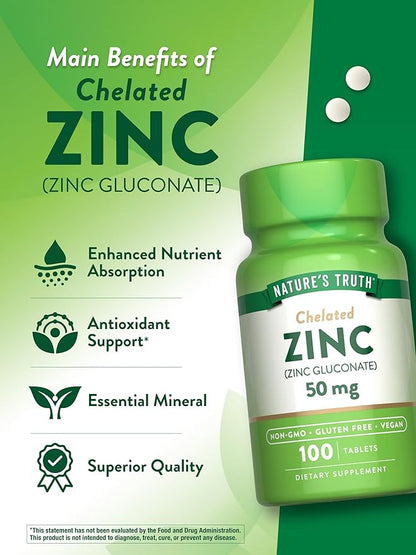 Nature's Truth Chelated Zinc 50mg | 100 Tablets | Essential Mineral Supplement | from Zinc Gluconate | Vegan, Non-GMO & Gluten Free