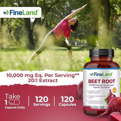 FineLand Beet Root 20x Full Spectrum – 10,000mg Equivalent per Capsule – Nitric Oxide, Blood Pressure Support - Circulation & Heart Health – 120 Vegan Capsules Made in USA